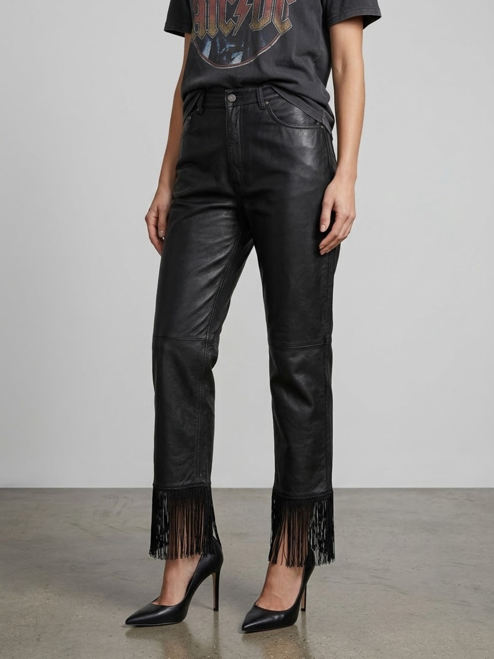 Vintage Bagatelle Black Leather Pants with Fringe